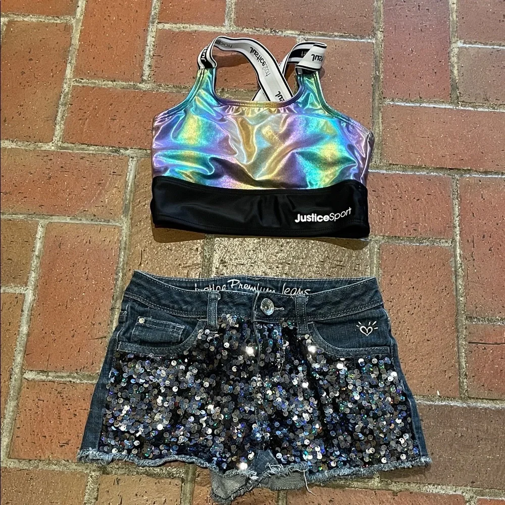 Justice Dark Blue Sequin Jean Shorts & Metallic Sports Bra